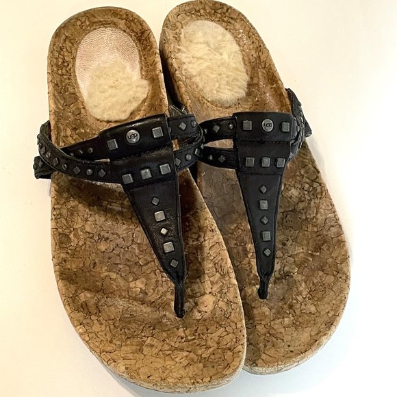 UGG Deitra Dual Strap Studded Leather Cork Thong Flip Flop Sandal Shoe 7 Black - Picture 9 of 10